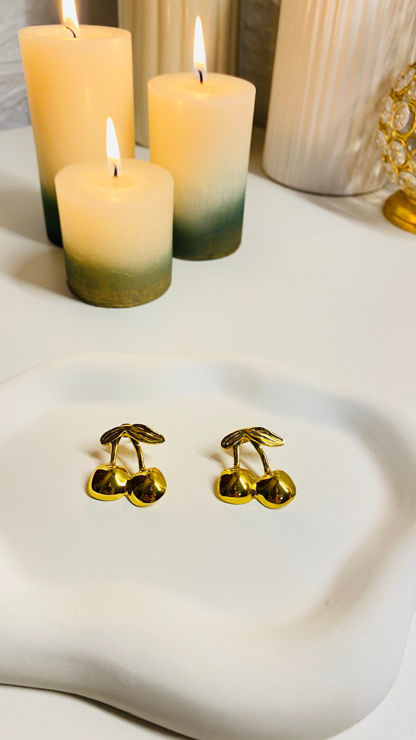 Cherry stud earrings for women, 18K gold plated stainless steel anti tarnish waterproof jewelry