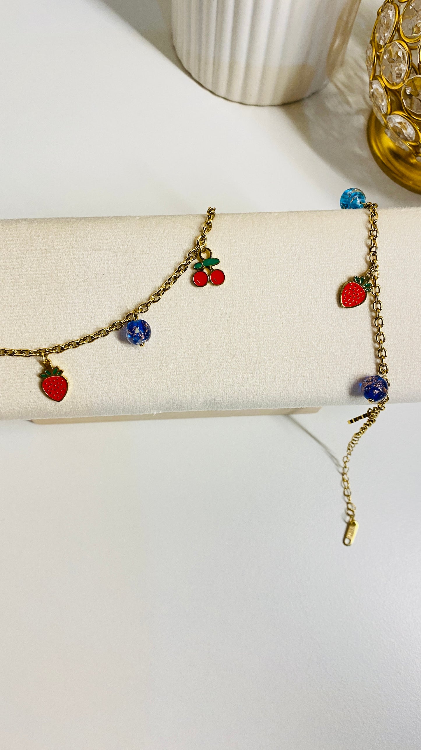 Trendy strawberry and cherry charm bracelet, 18K gold plated waterproof anti tarnish cute aesthetic jewelry