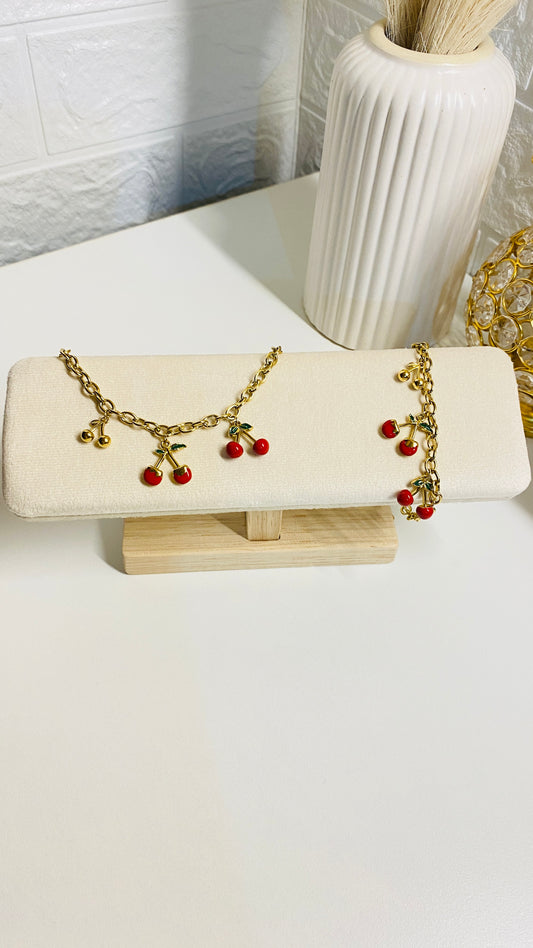 Cherry charms bracelet for women, 18K gold plated anti tarnish waterproof cute fruit jewelry