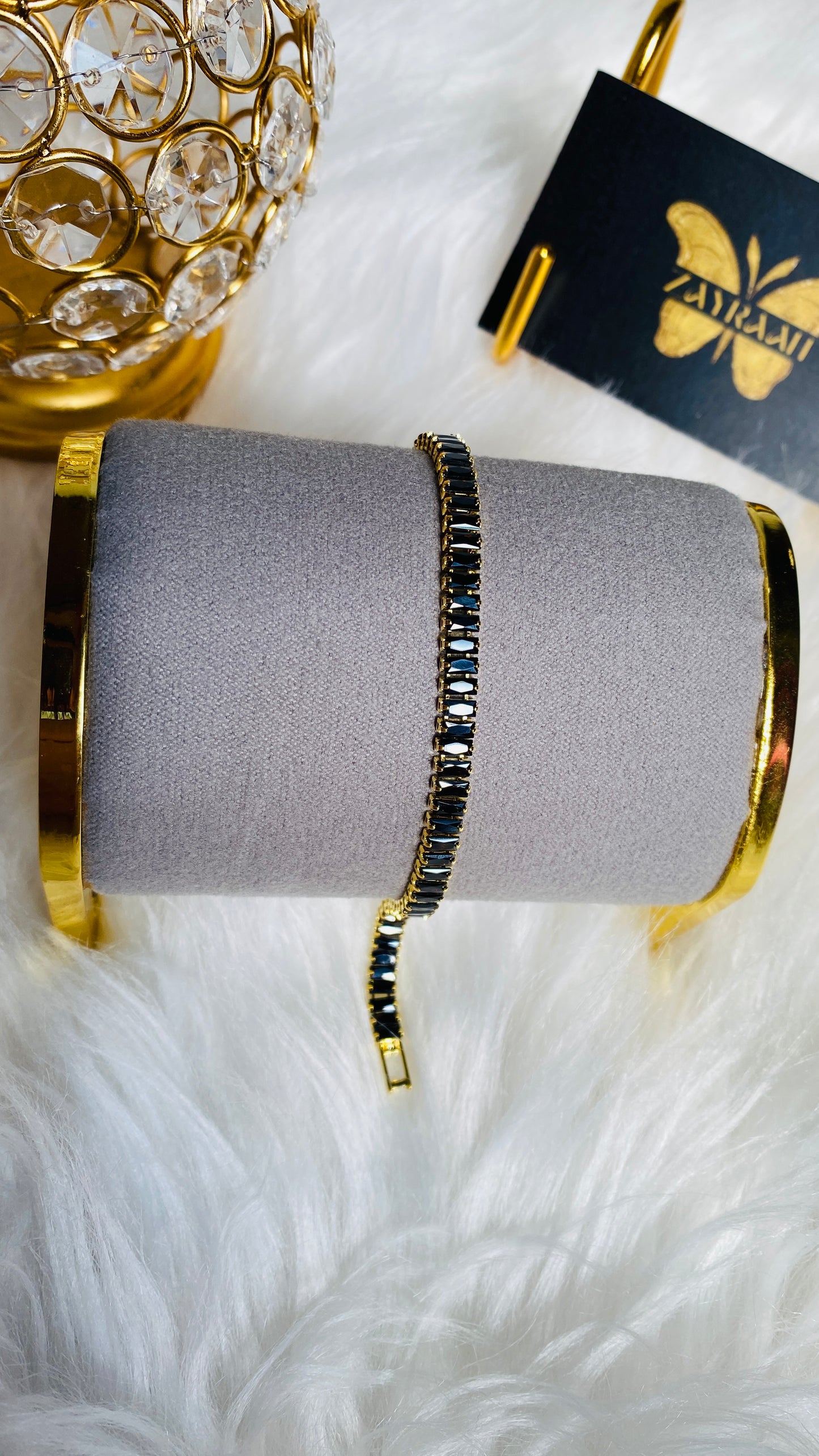 Black tennis bracelet for women, 18K gold plated anti tarnish waterproof black stone bracelet