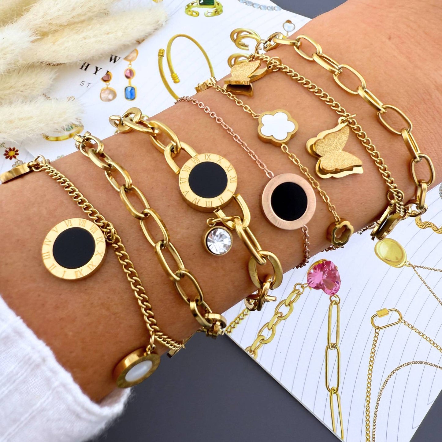 Butterflies Double Layered Bracelet, 18K Gold Plated Steel