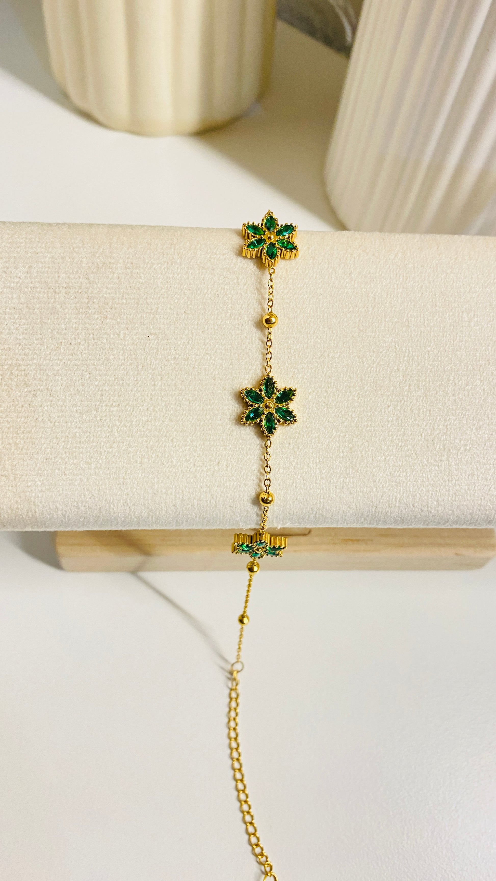 Elegant green flower bracelet, gold plated anti tarnish waterproof floral jewelry for women
