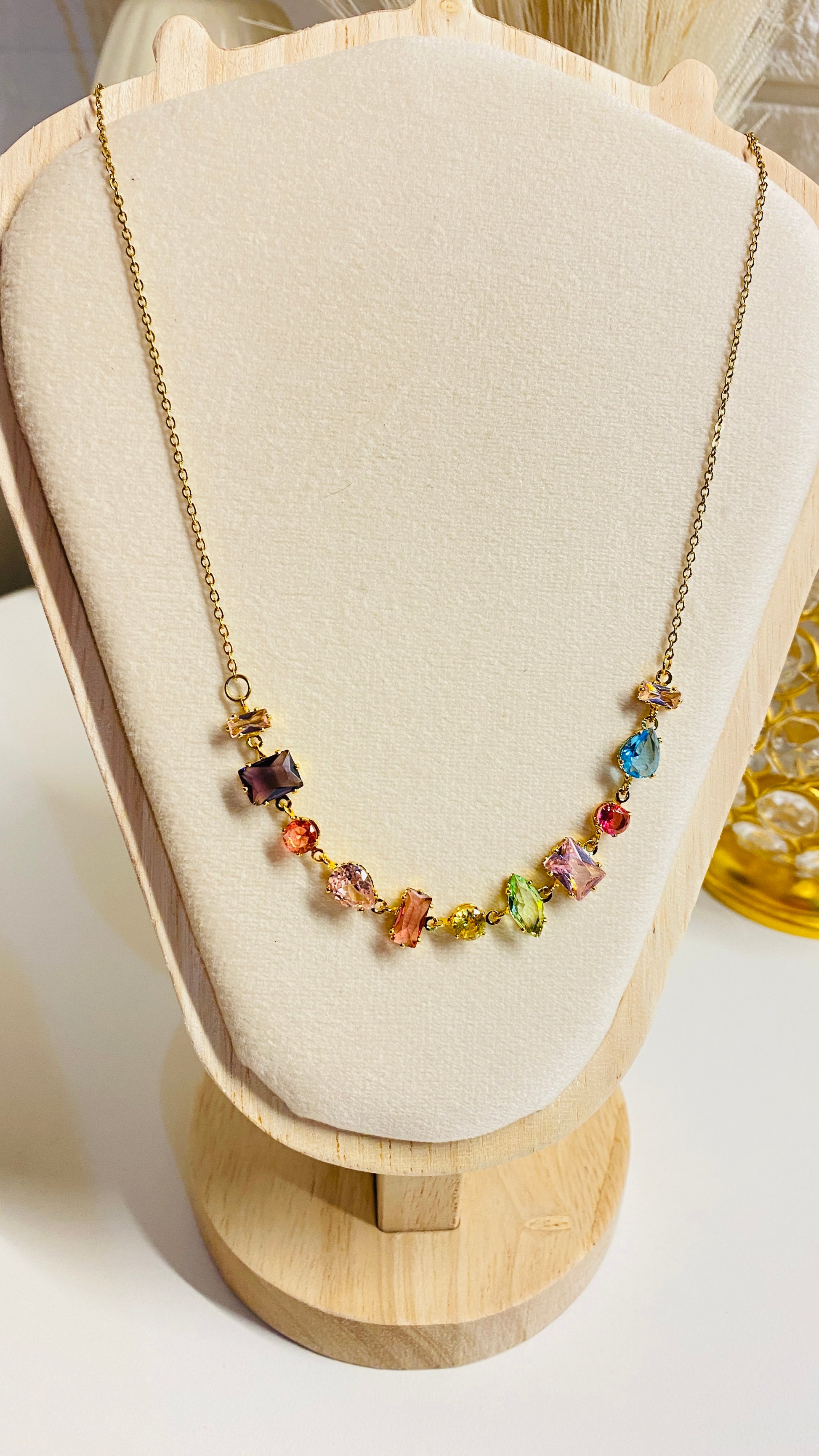 Rainbow crystal necklace for women, 18K gold plated stainless steel anti tarnish waterproof jewelry