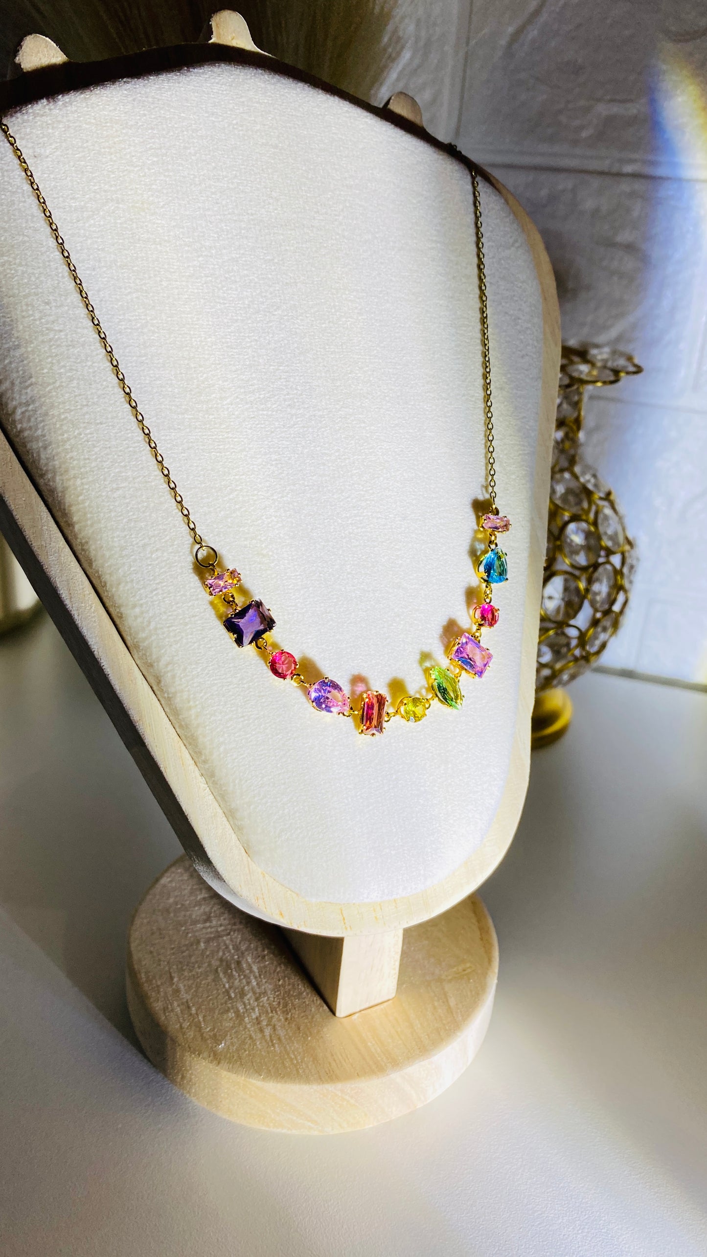 Multicolour crystal necklace, gold plated anti tarnish waterproof aurora pendant jewelry for women