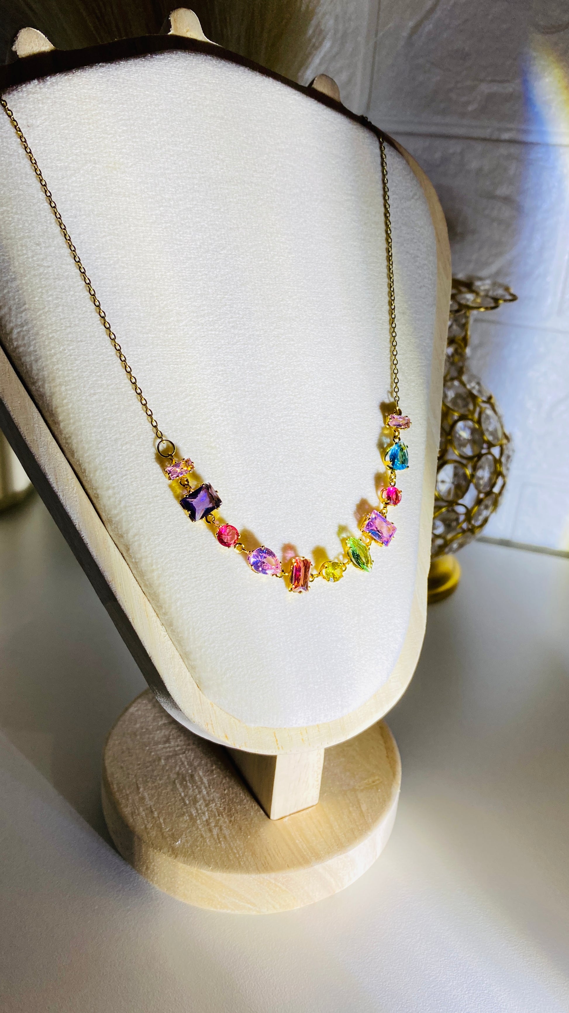 Multicolour crystal necklace, gold plated anti tarnish waterproof aurora pendant jewelry for women