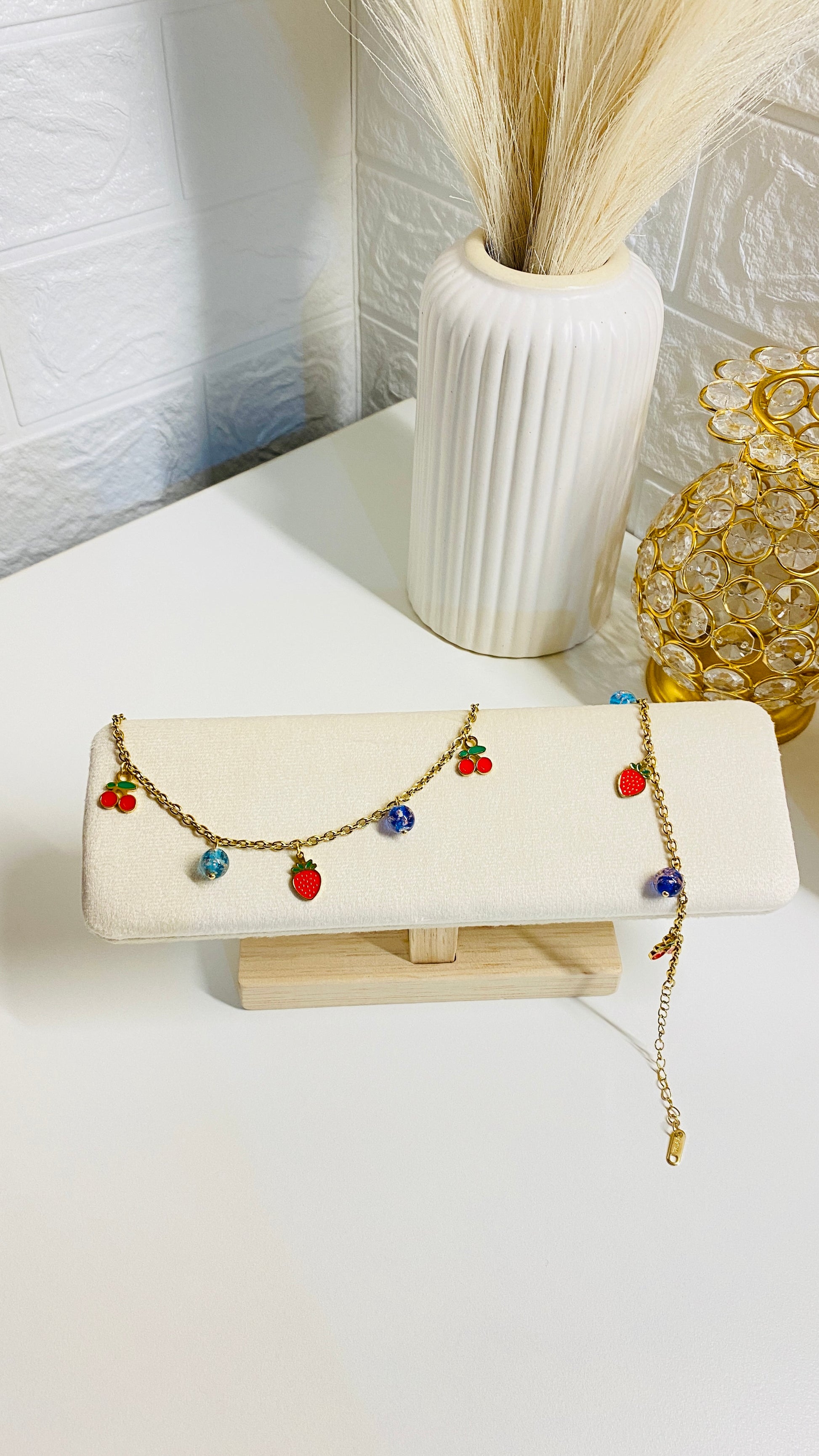 Strawberry and cherry charms bracelet for women, 18K gold plated anti tarnish waterproof cute fruit jewelry