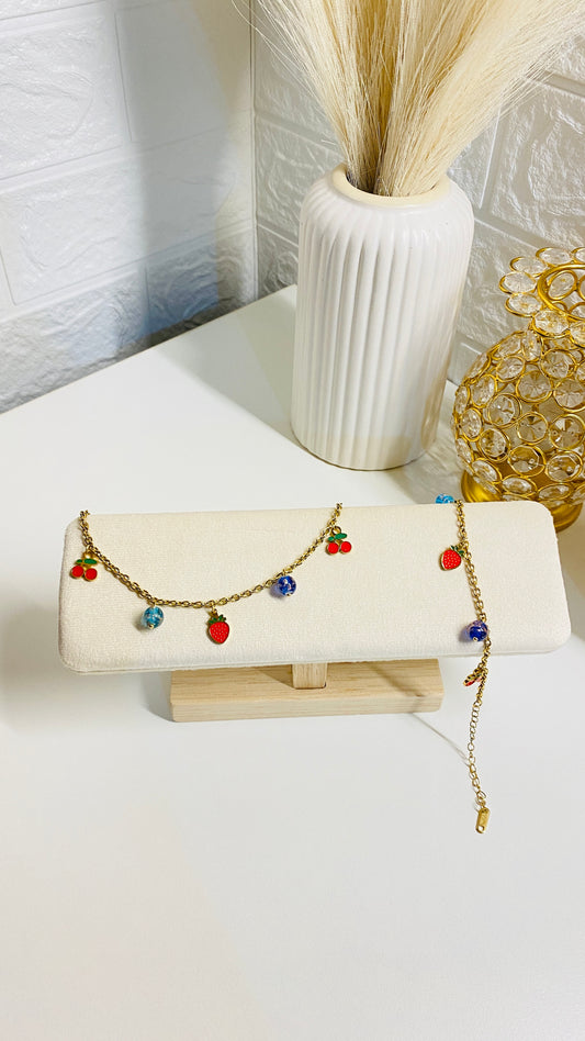 Strawberry and cherry charms bracelet for women, 18K gold plated anti tarnish waterproof cute fruit jewelry