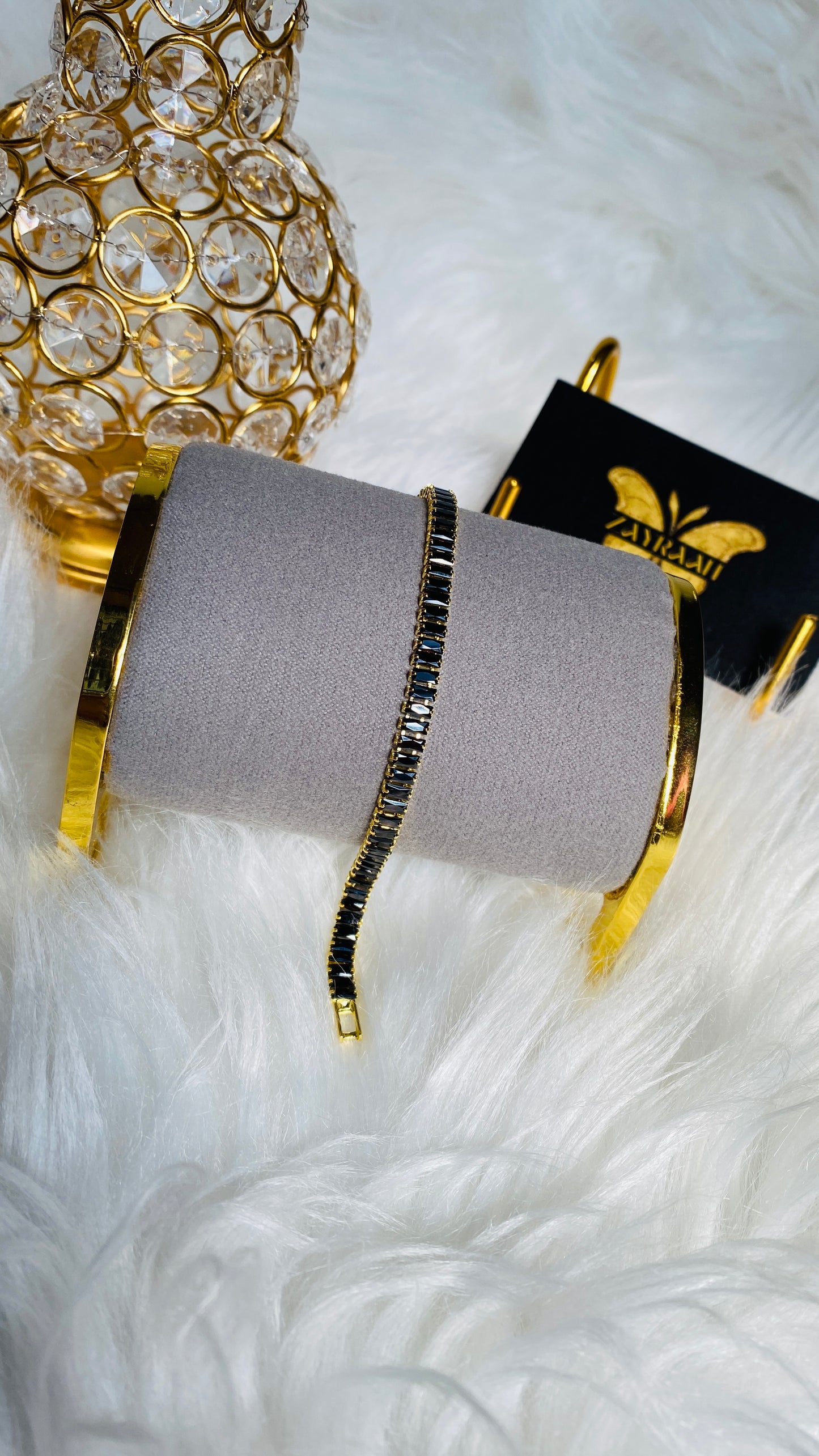 Black crystal tennis bracelet, 18K gold plated stainless steel anti tarnish waterproof bracelet