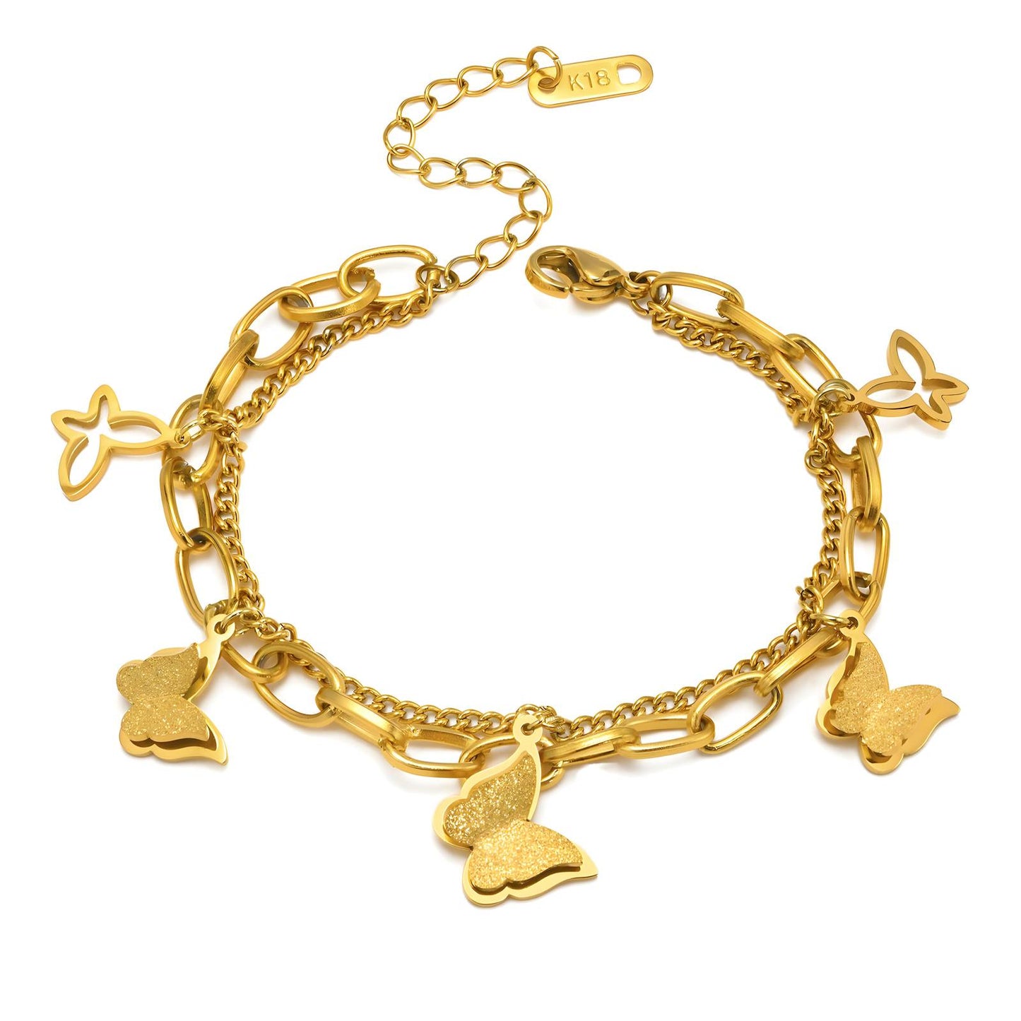 Butterflies Double Layered Bracelet, 18K Gold Plated Steel