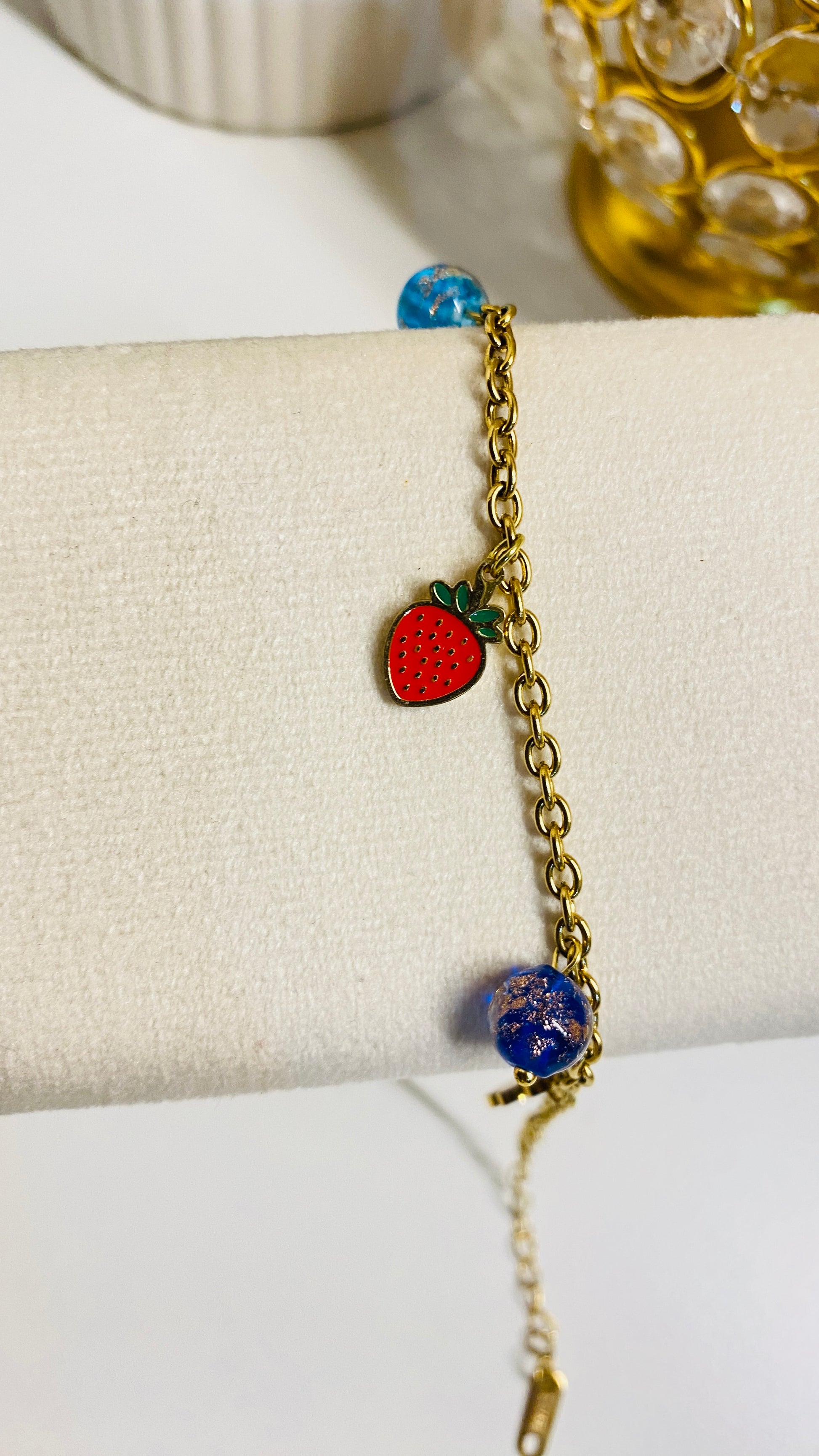 Strawberry cherry bracelet, minimalist gold charm bracelet anti tarnish stainless steel waterproof jewelry