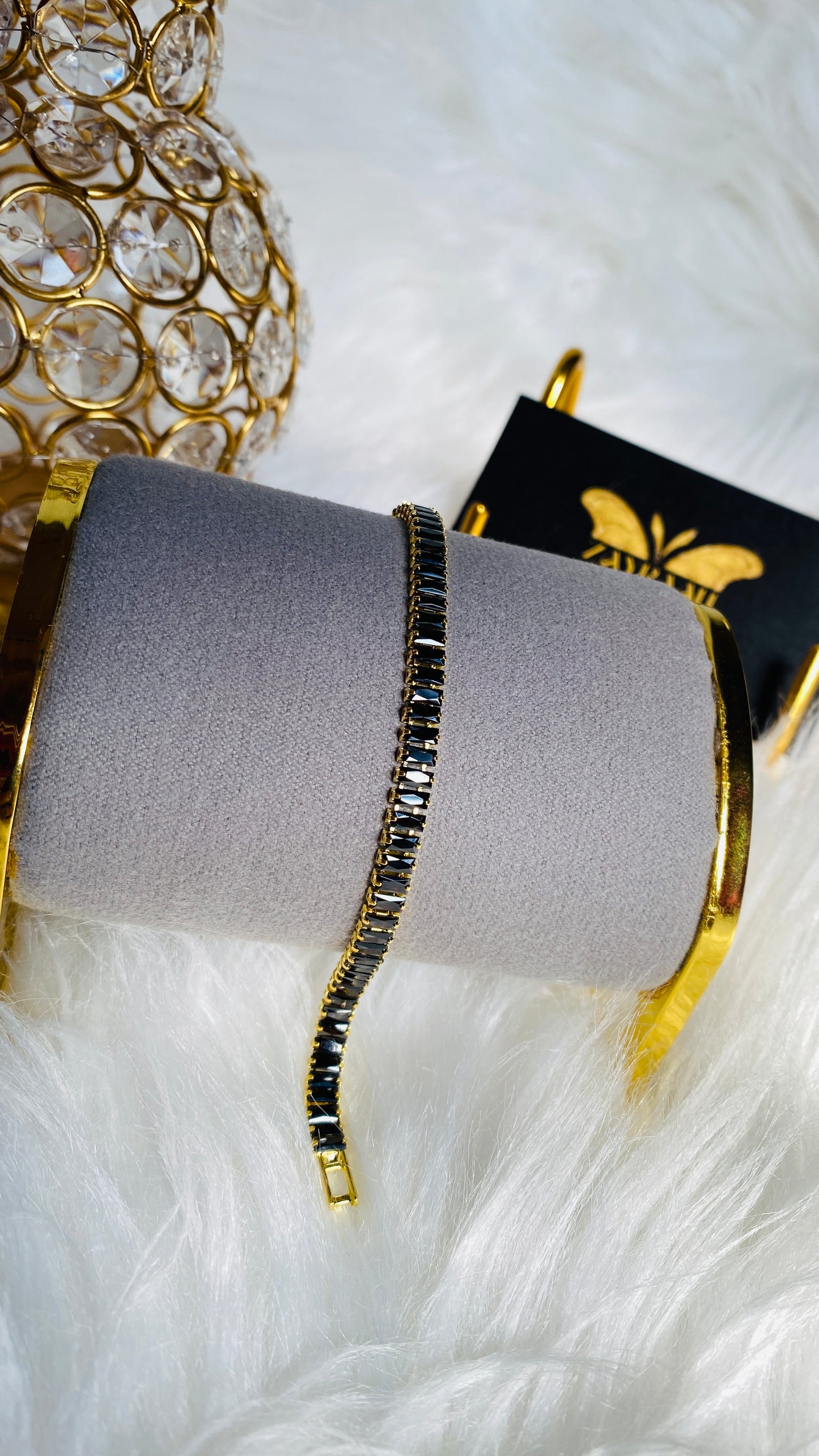 Elegant black stone tennis bracelet, gold plated anti tarnish waterproof jewelry for women