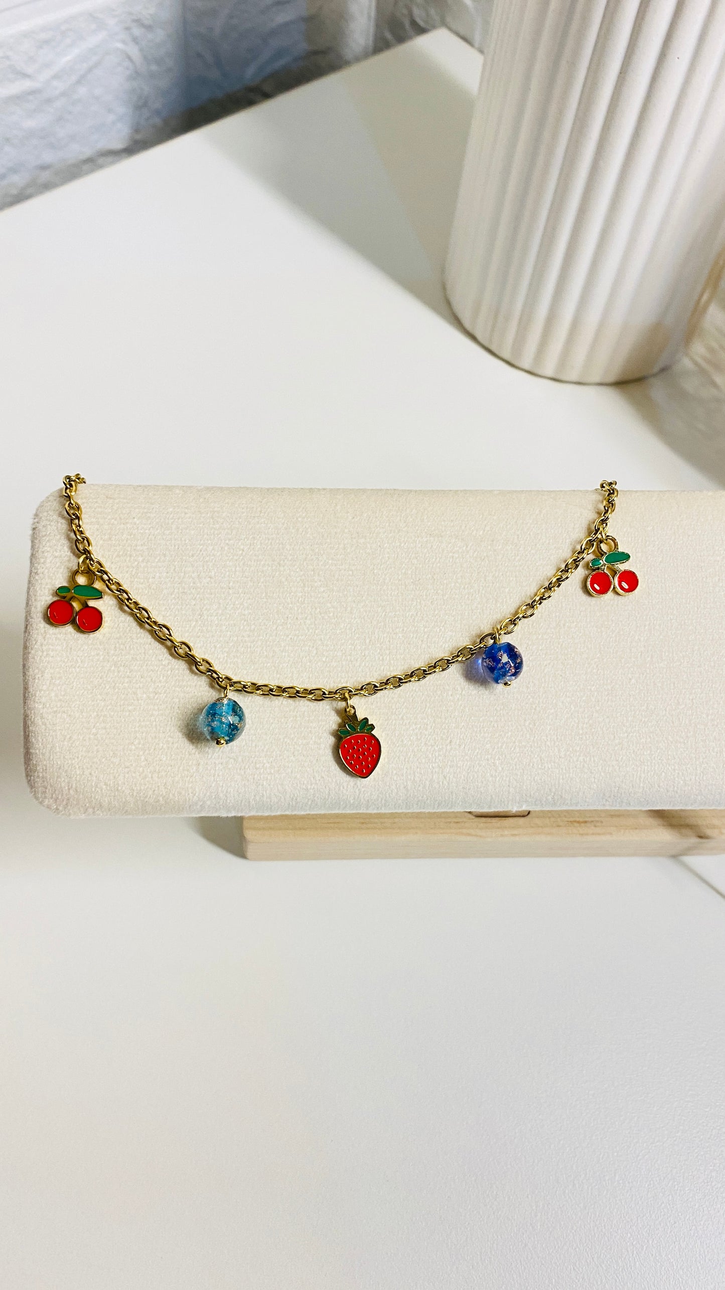 Cute fruit charm bracelet with strawberry and cherry, gold plated anti tarnish waterproof jewelry for women