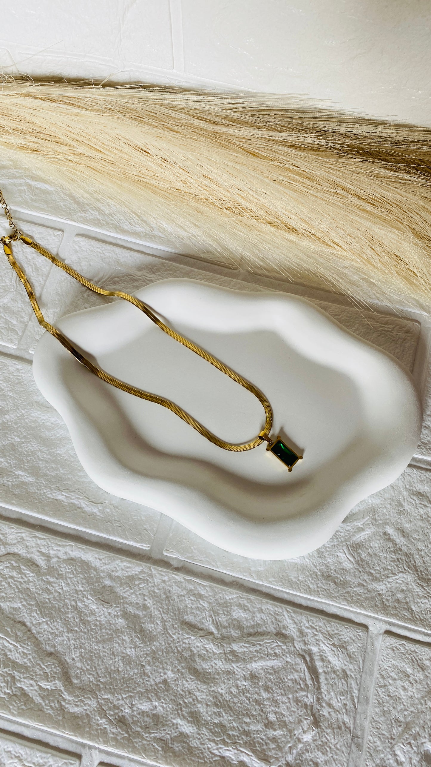 emerald green pendant, snake chain necklace, 18k gold plated jewelry