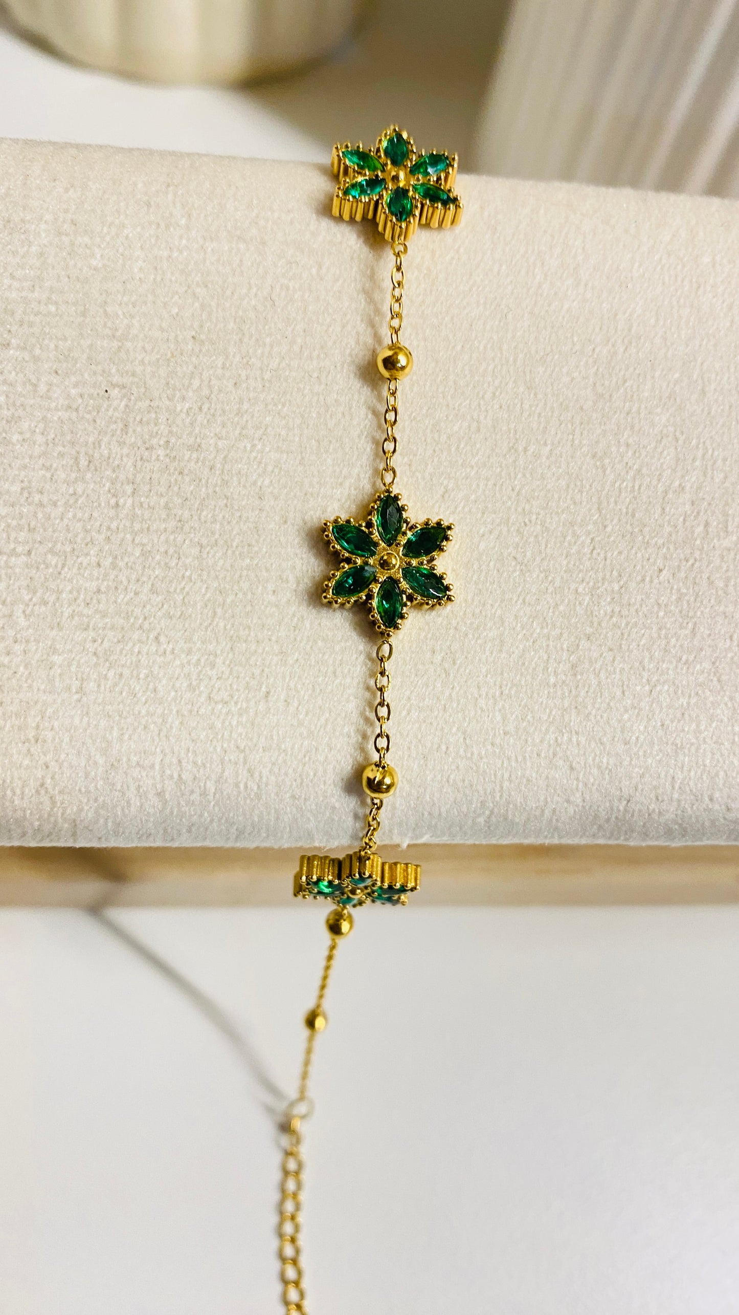 Green floral charm bracelet, 18K gold plated stainless steel anti tarnish waterproof jewelry