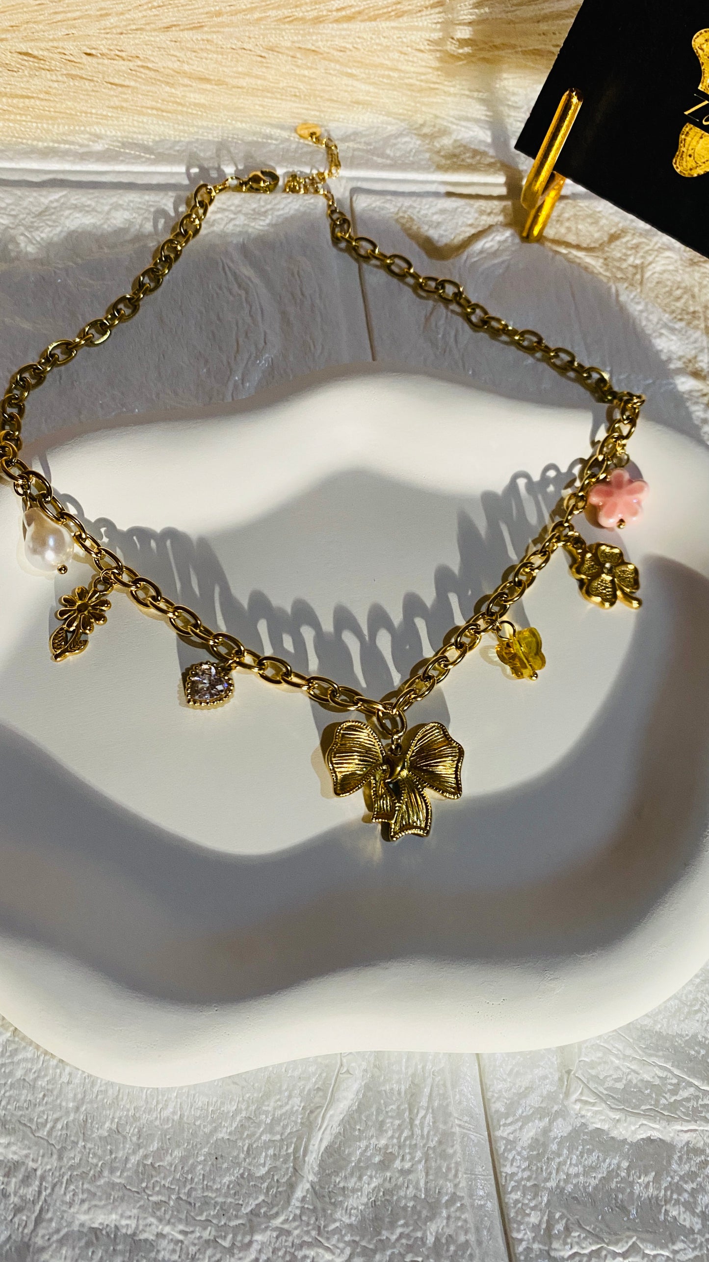 tarnish free jewelry, bow pendant necklace, minimalist gold necklace