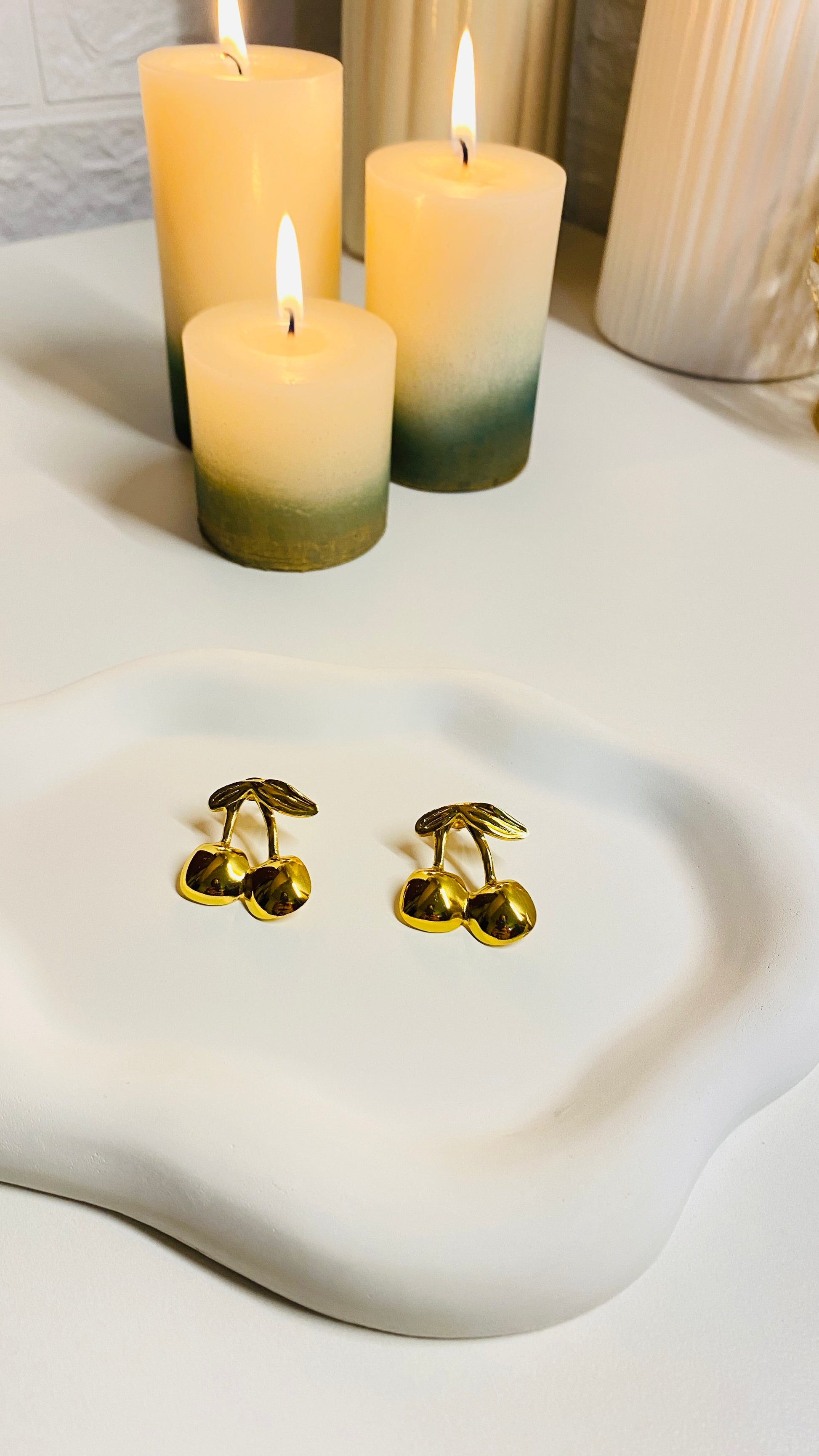 Golden cherry earrings for women, 18K gold plated anti tarnish waterproof cute fruit jewelry