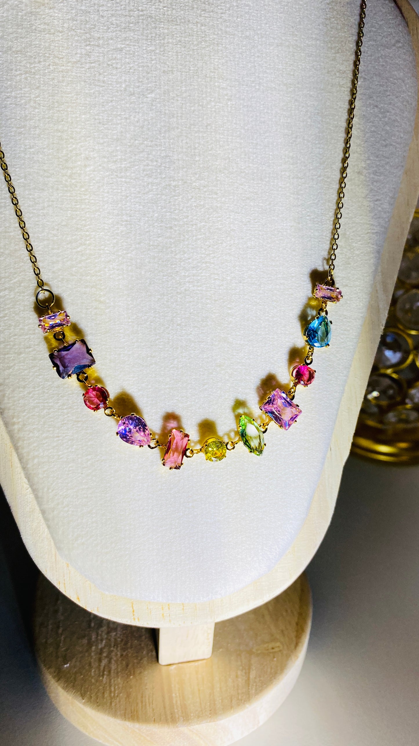 Elegant aurora crystal necklace multicolour, aesthetic gold plated anti tarnish waterproof jewelry