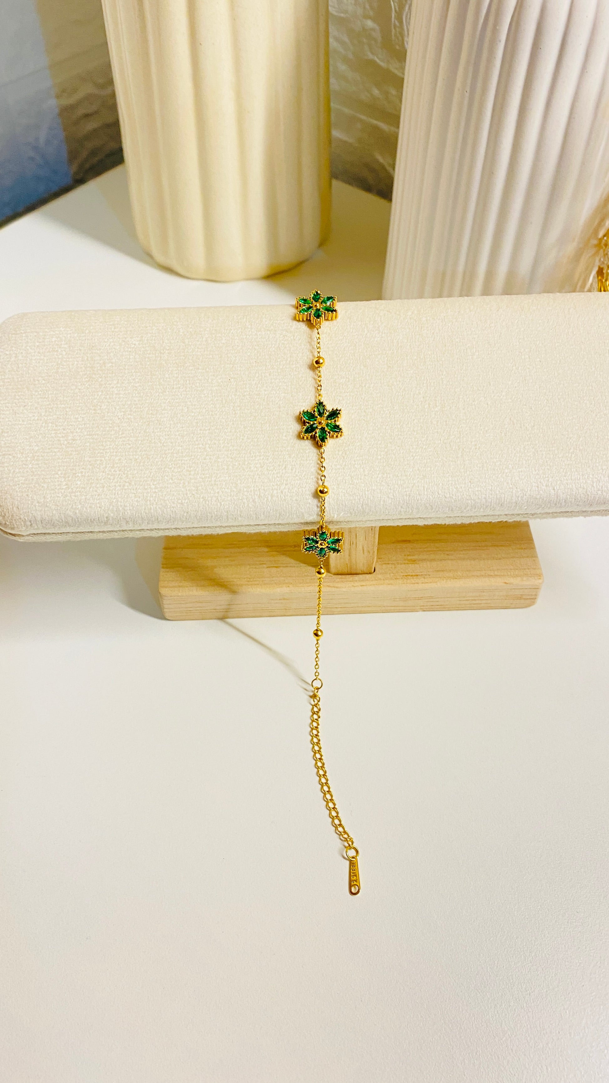 Green floral bracelet for women, 18K gold plated anti tarnish waterproof flower charm jewelry
