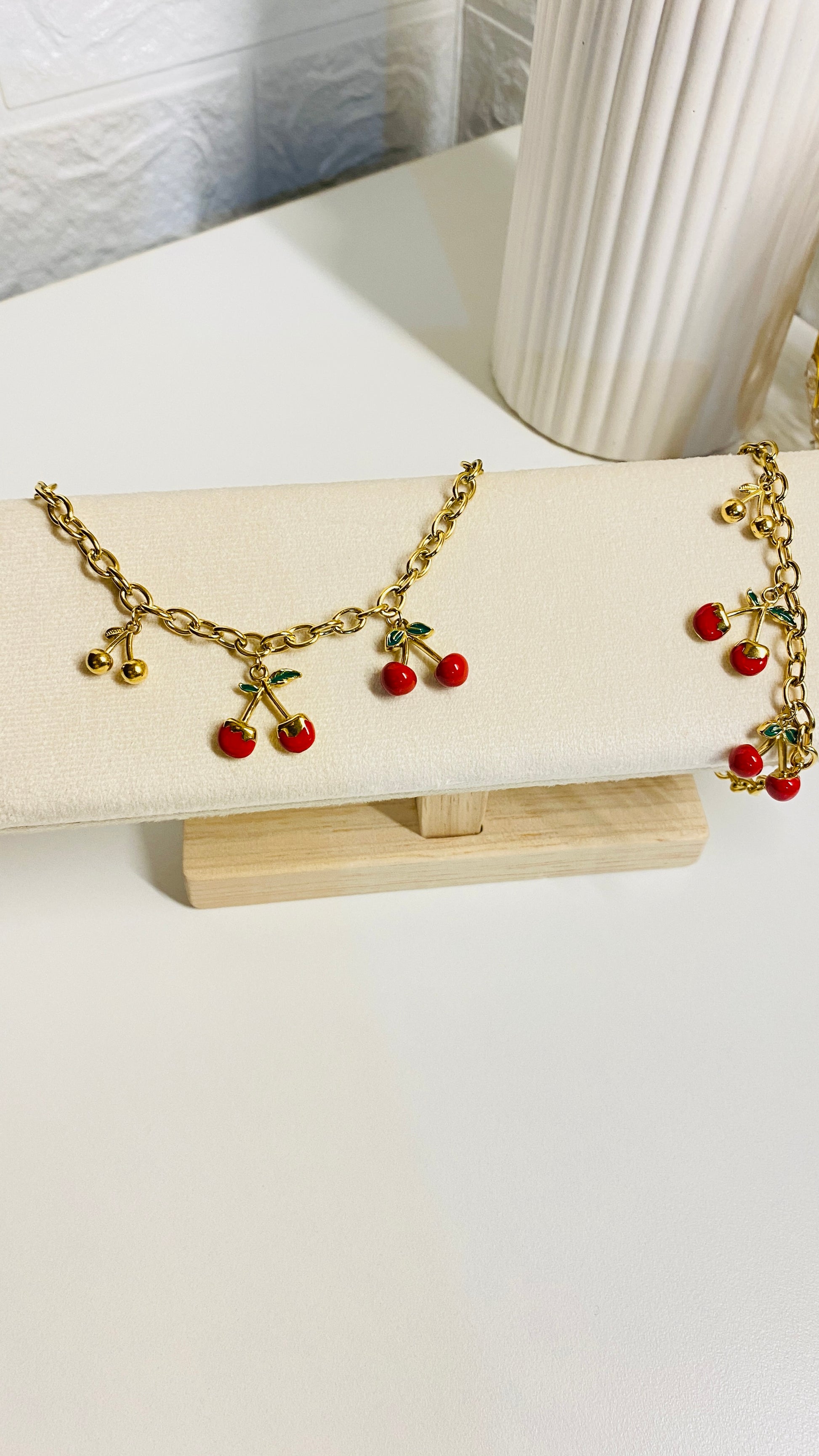 Cherry bracelet for women, 18K gold plated stainless steel anti tarnish waterproof charm jewelry