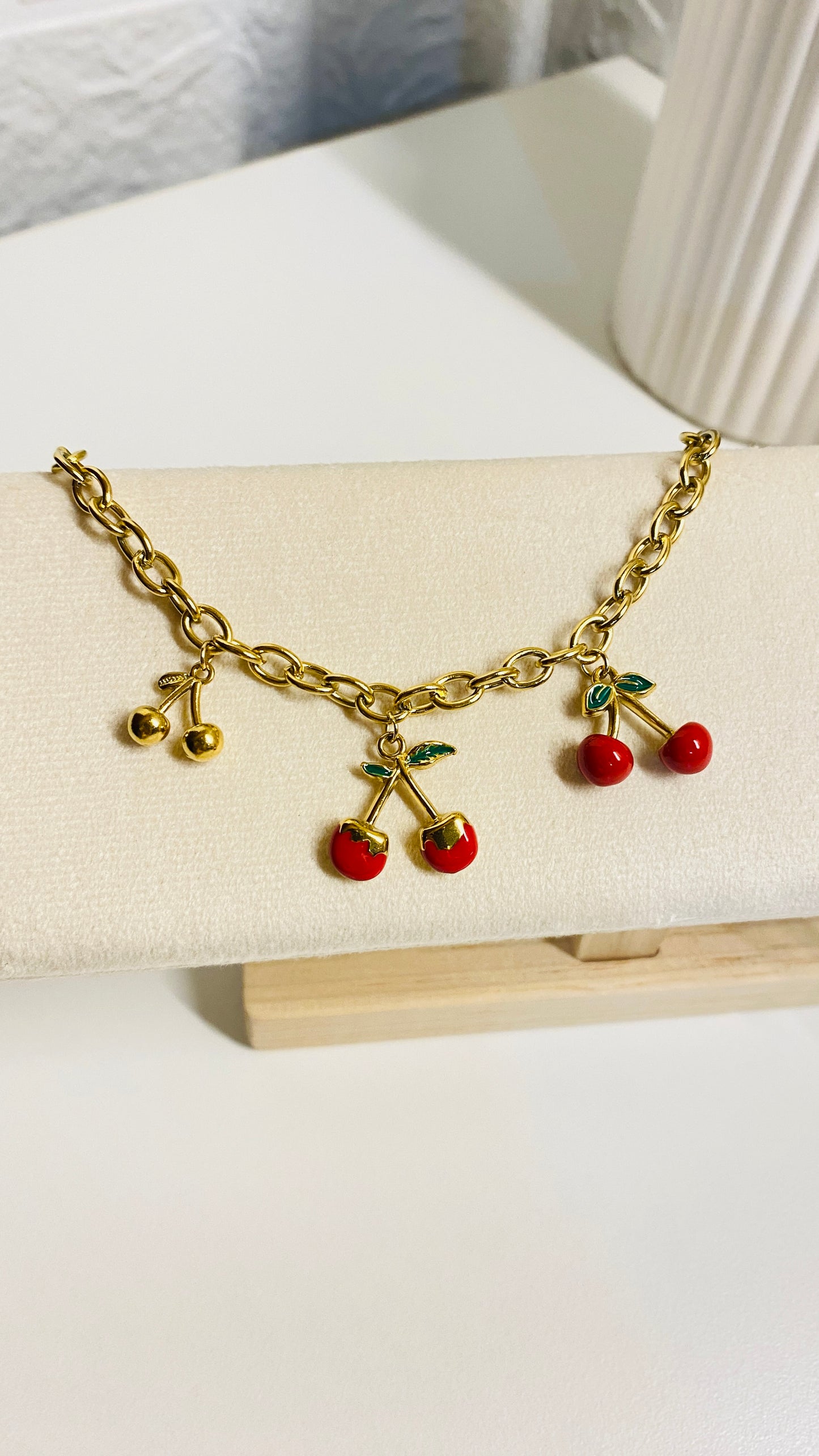 Cute cherry charm bracelet, gold plated anti tarnish waterproof minimalist jewelry for women